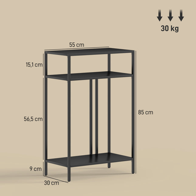 Consoletafel met 3 planken, metalen frame, zwart, 55 cm