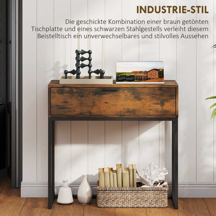 Konzolový stolek se zásuvkou, industriální design, 80x30x76 cm, černý