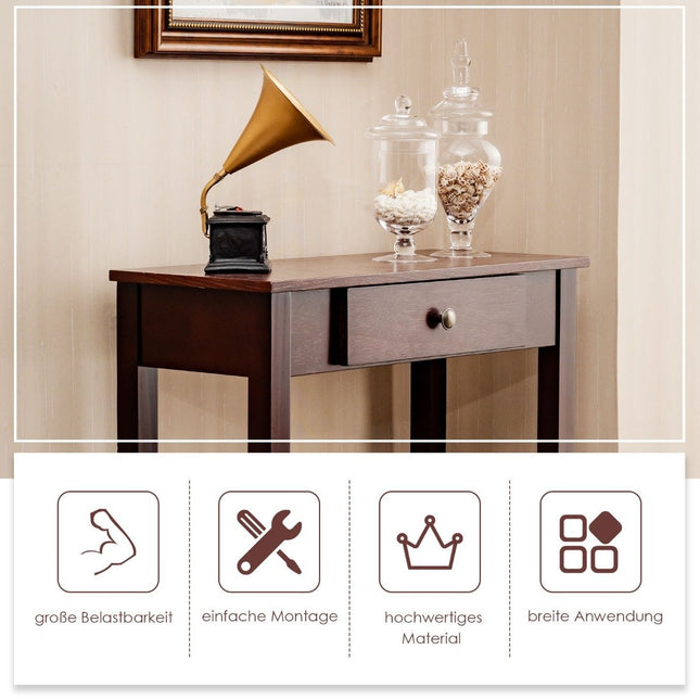 Konzolový stolek se zásuvkou, stolek do předsíně, úzký industriální odkládací stolek ze dřeva, 71 x 30 x 71cm, hnědý