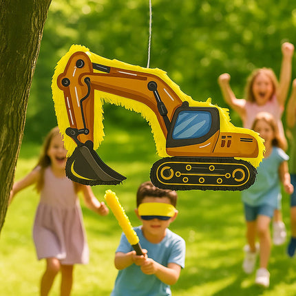 Piñata se stavebním strojem, sada s tyčí a maskou