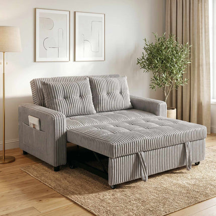 Convertible 2-Seater Cord Sofa Bed, 2 Pillows, Pockets, Grey