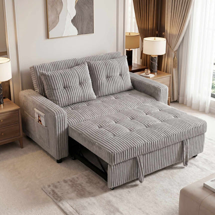 Convertible 2-Seater Cord Sofa Bed, 2 Pillows, Pockets, Grey