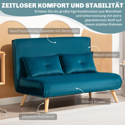 Convertible 2-Seater Sofa Bed, Adjustable Backrest, Green Fabric