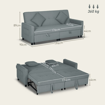 Verwandelbares 3-Sitzer Schlafsofa mit verstellbarer Rückenlehne, Grau