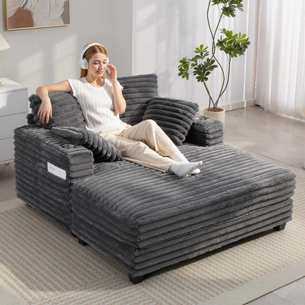 Convertible Corduroy Sofa Bed with Cup Holders, Grey