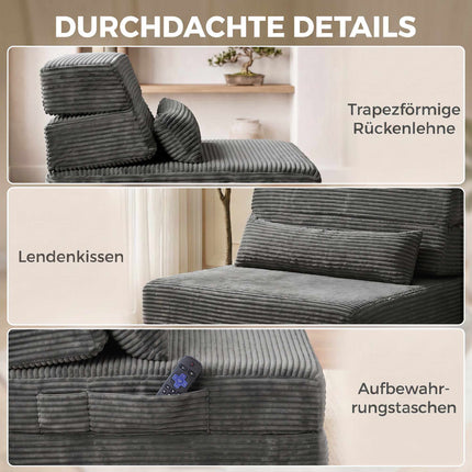 Convertible Floor Chair with Corduroy Cover, Dark Grey