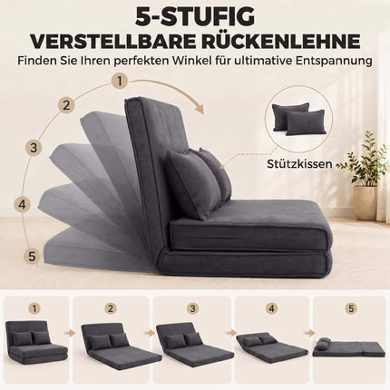 Convertible Floor Sofa Bed, Adjustable Backrest, Corduroy, Dark Grey