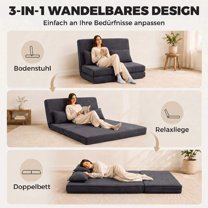 Convertible Floor Sofa Bed, Adjustable Backrest, Corduroy, Dark Grey