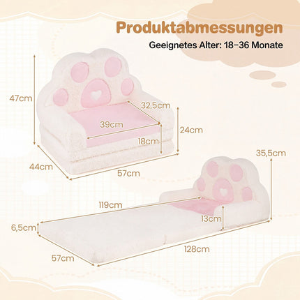 Convertible Kids Sofa to Lounger, Pink Velvet, Removable Cover