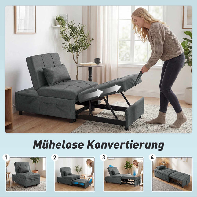 Omvormbare slaapbank met verstelbare rugleuning en kussen.