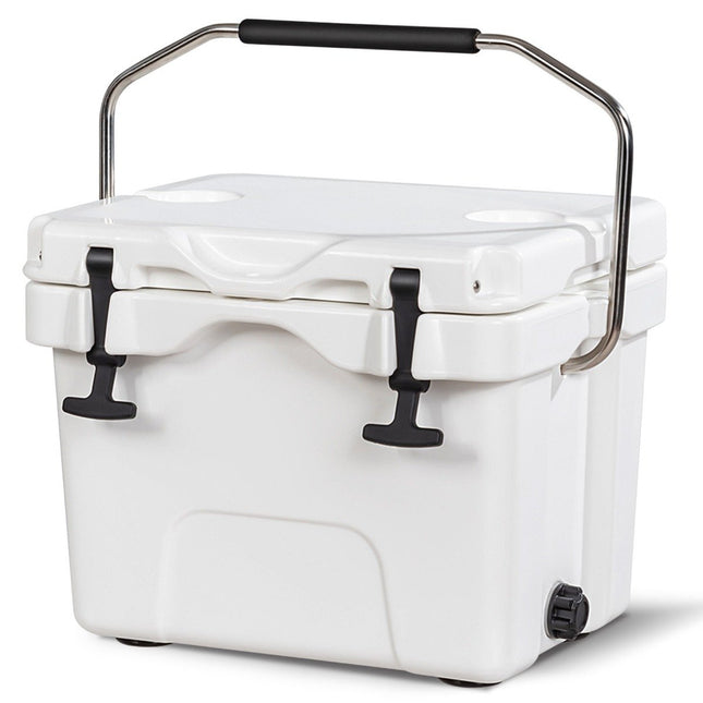 Koelbox met 15 liter koelbox met handvat, aftapplug en 2 bekerhouders wit