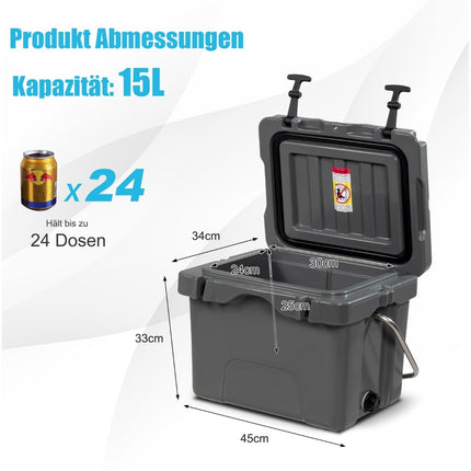 Chladicí box s objemem 15 litrů, s rukojetí, výpustí a 2 držáky na kelímky, šedý