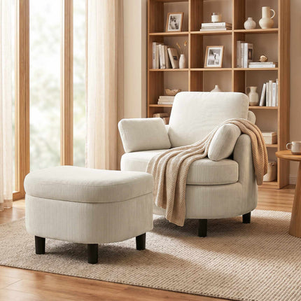 Cord Reading Armchair With Storage Ottoman, Cream White