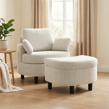 Cord Reading Armchair With Storage Ottoman, Cream White
