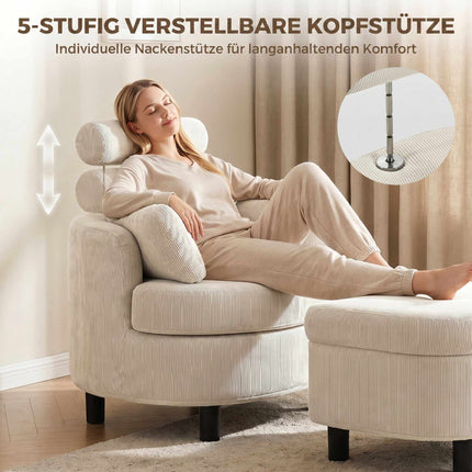 Cord Reading Armchair With Storage Ottoman, Cream White