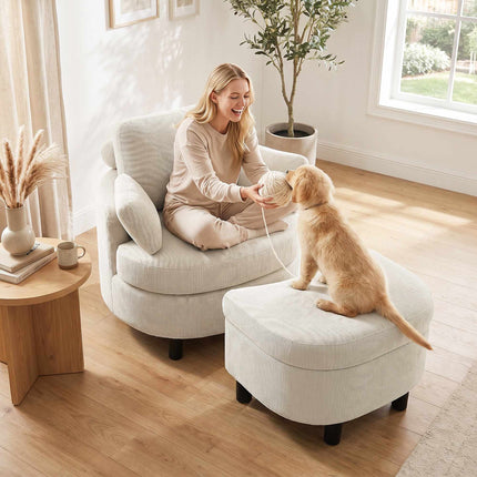 Cord Reading Armchair With Storage Ottoman, Cream White