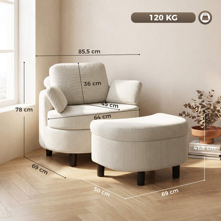 Cord Reading Armchair With Storage Ottoman, Cream White