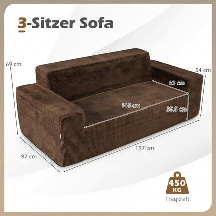 Corduroy 3-Seater Sofa with High Back and Wide Arms, Brown