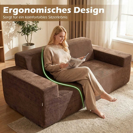 Corduroy 3-Seater Sofa with High Back and Wide Arms, Brown
