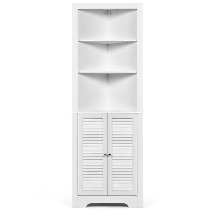 Corner Bathroom Cabinet with 3 Open Shelves & 2 Louvered Doors