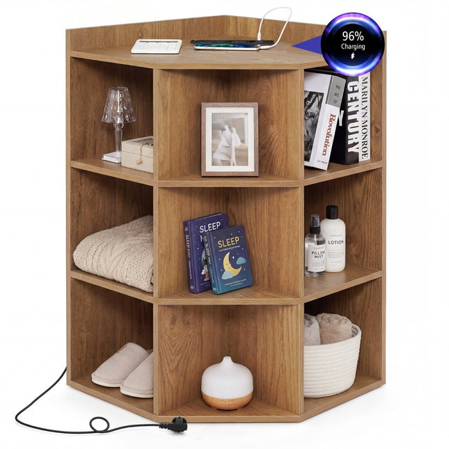 Rohový regál s nabíjecí stanicí, 9 polic, 2 USB, 4 zásuvky