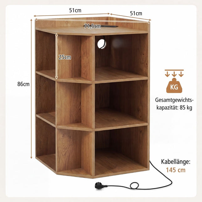 Rohový regál s nabíjecí stanicí, 9 polic, 2 USB, 4 zásuvky