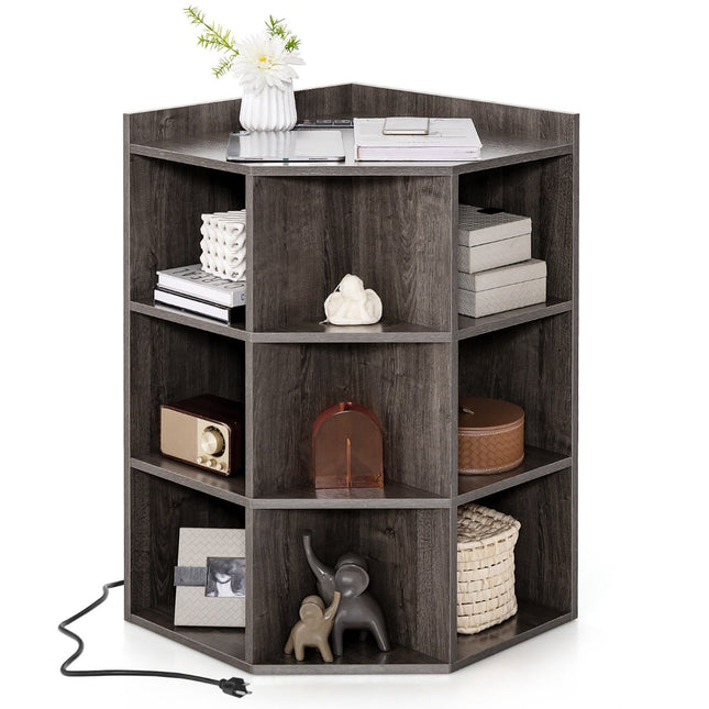 Hoekboekenkast met oplaadstation, 9 planken, grijs