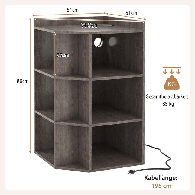 Hoekboekenkast met oplaadstation, 9 planken, grijs