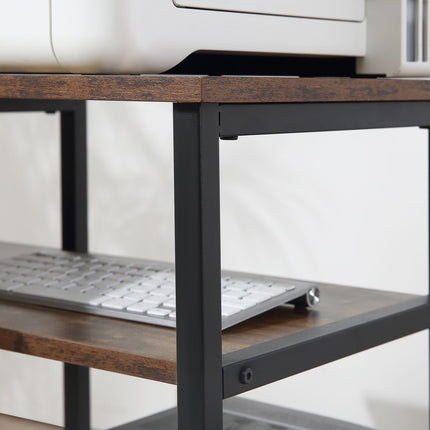 L-shaped corner desk, rustic brown, with shelf and drawer