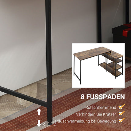 L-shaped corner desk, rustic brown, with shelf and drawer