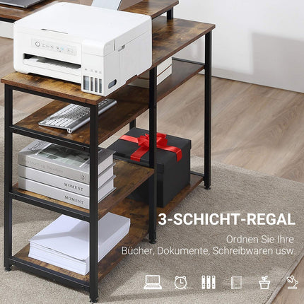 L-shaped corner desk, rustic brown, with shelf and drawer