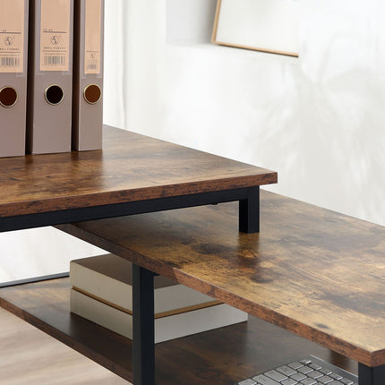 L-shaped corner desk, rustic brown, with shelf and drawer