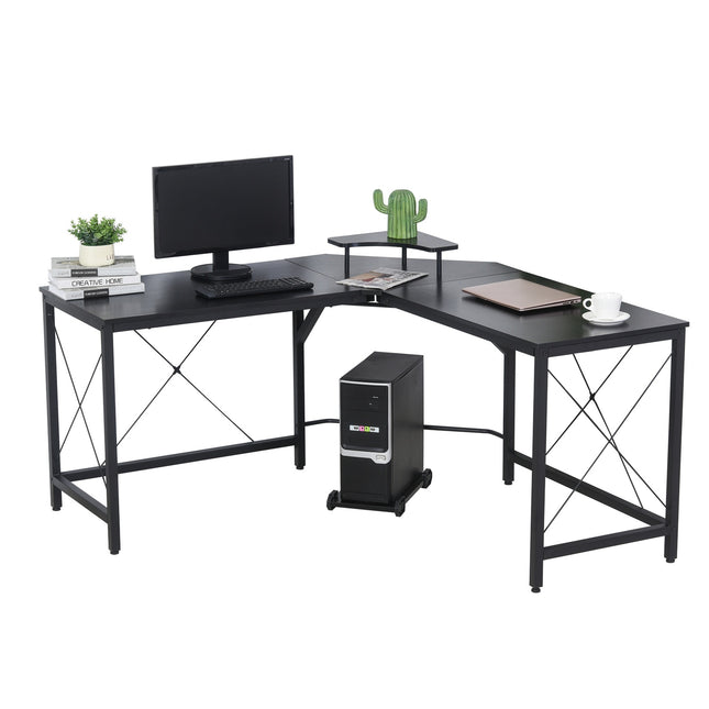 Rohový stůl do L se stojanem na monitor, černá ocel, 150cm