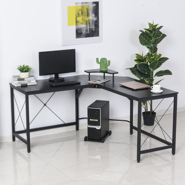 Rohový stůl do L se stojanem na monitor, černá ocel, 150cm