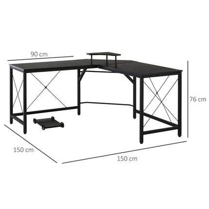 L-shaped corner desk with monitor stand, black steel, 150cm