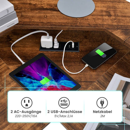 Rohový psací stůl se zásuvkou, USB nabíjecím portem a podstavcem na monitor, rustikální hnědá