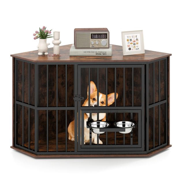 Corner Dog Crate Furniture, 114x60x68 cm, Adjustable Feeder