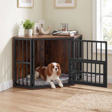Corner Dog Crate & TV Stand with Adjustable Bowl Rack