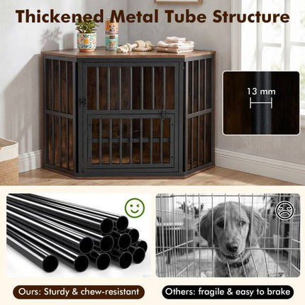 Corner Dog Crate & TV Stand with Adjustable Bowl Rack
