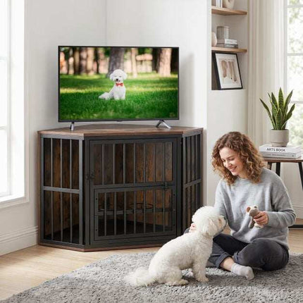 Corner Dog Crate & TV Stand with Adjustable Bowl Rack