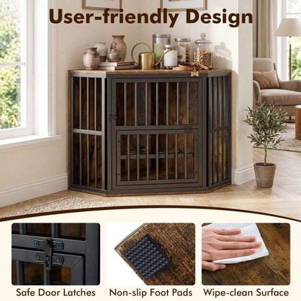 Corner Dog Crate & TV Stand with Adjustable Bowl Rack