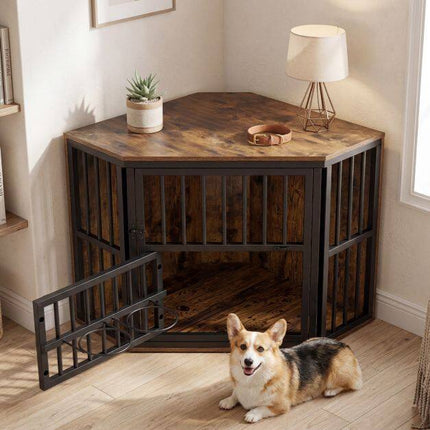 Corner Dog Crate & TV Stand with Adjustable Bowl Rack