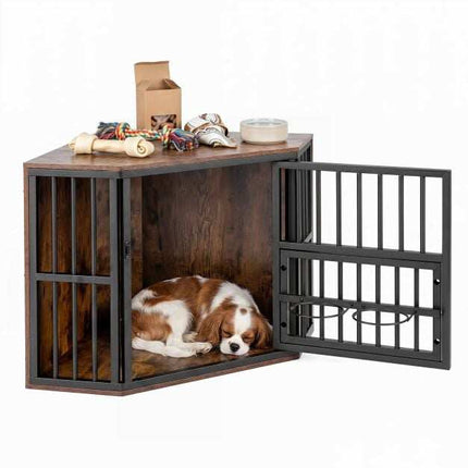 Corner Dog Crate & TV Stand with Adjustable Bowl Rack