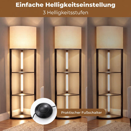 Rohová stojací lampa s policemi, 3patrová s LED, černá