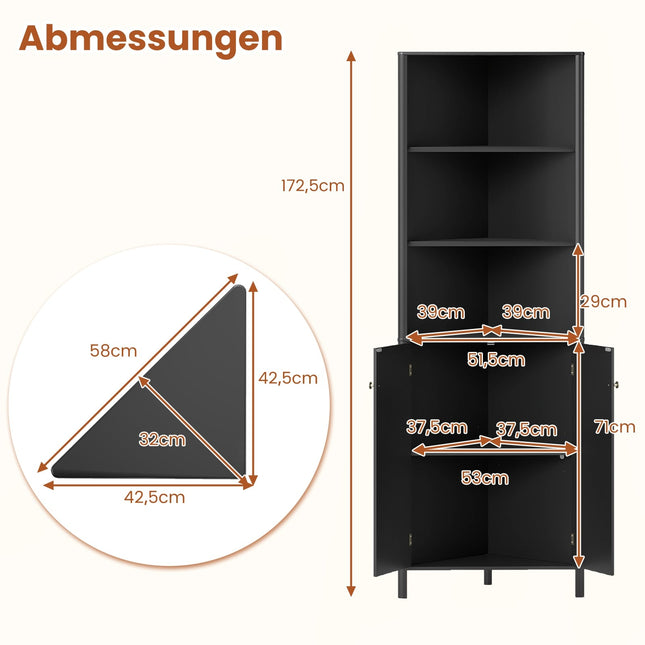 Hoekkeukenkast, 2 deuren en 5 planken, zwart, 173 cm