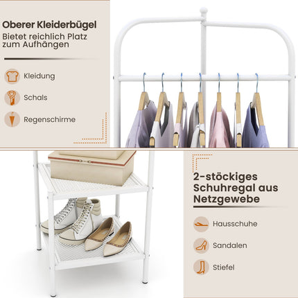 Corner Metal Coat Rack with Hooks and 2 Shelves, White