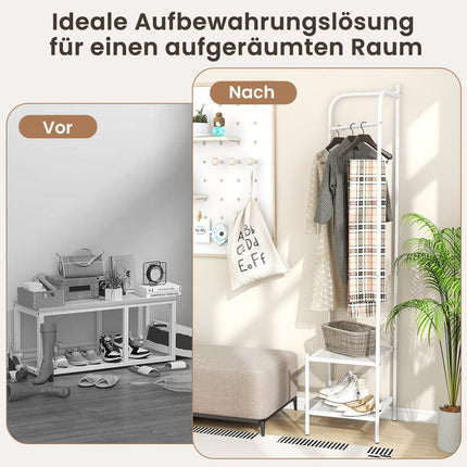 Corner Metal Coat Rack with Hooks and 2 Shelves, White