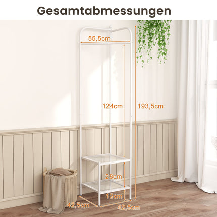 Corner Metal Coat Rack with Hooks and 2 Shelves, White