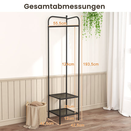 Corner Metal Coat Rack with Hooks and Shelves, Black