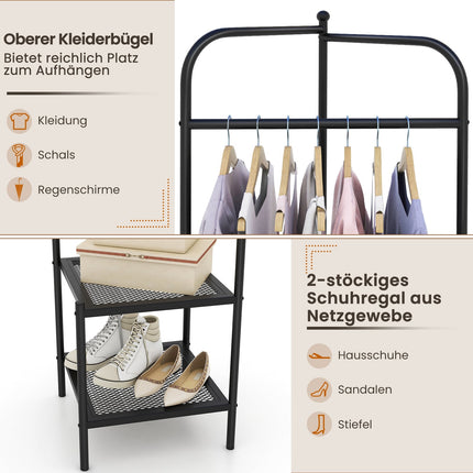 Corner Metal Coat Rack with Hooks and Shelves, Black